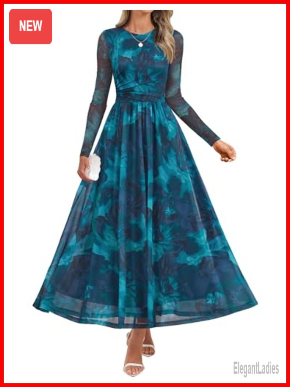 Women's Fall Wedding Guest A-Line Maxi Dress Mesh Long Sleeve
